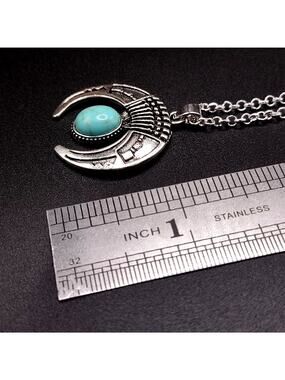 925 Silver Necklace w/ Turquoise Crescent Moon Pendant Women's Vintage Boho Gift
